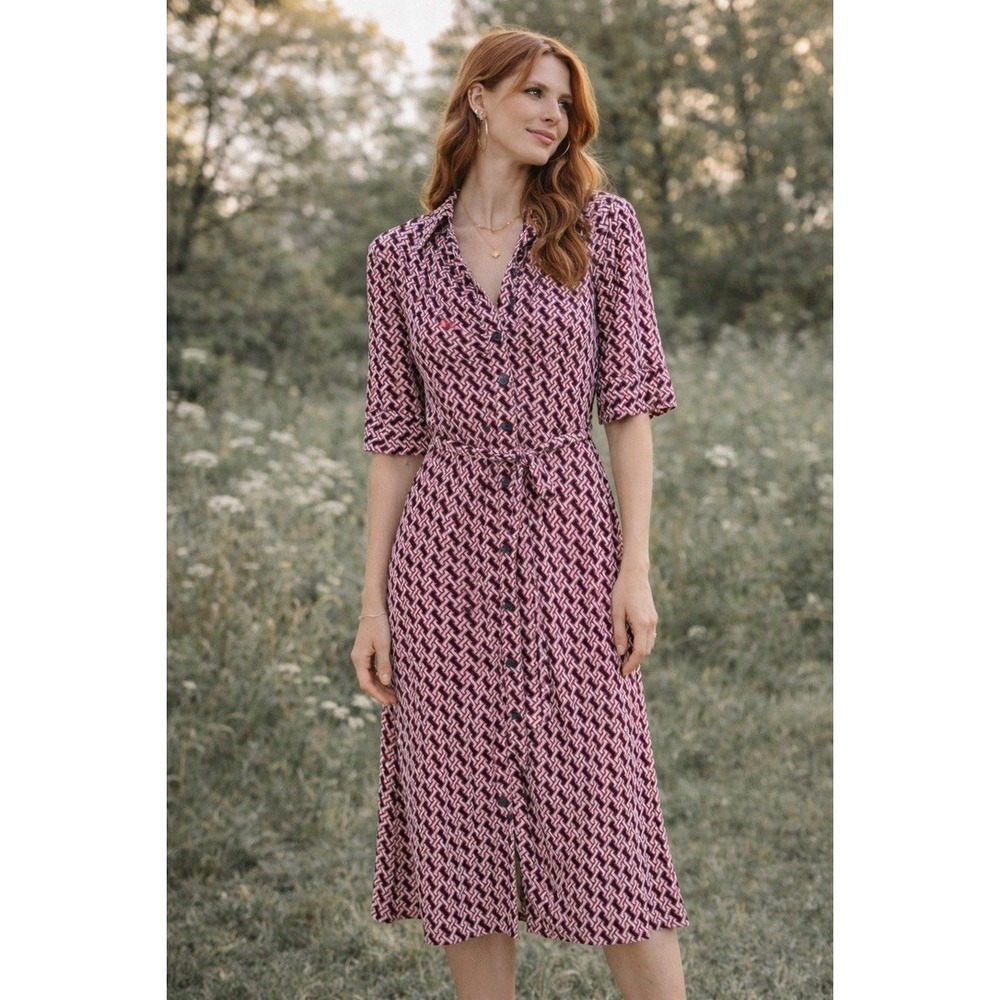 Laundry by Shelli Segal Pink Geometric Button Front Belted Shirt Dress Size‎ 0